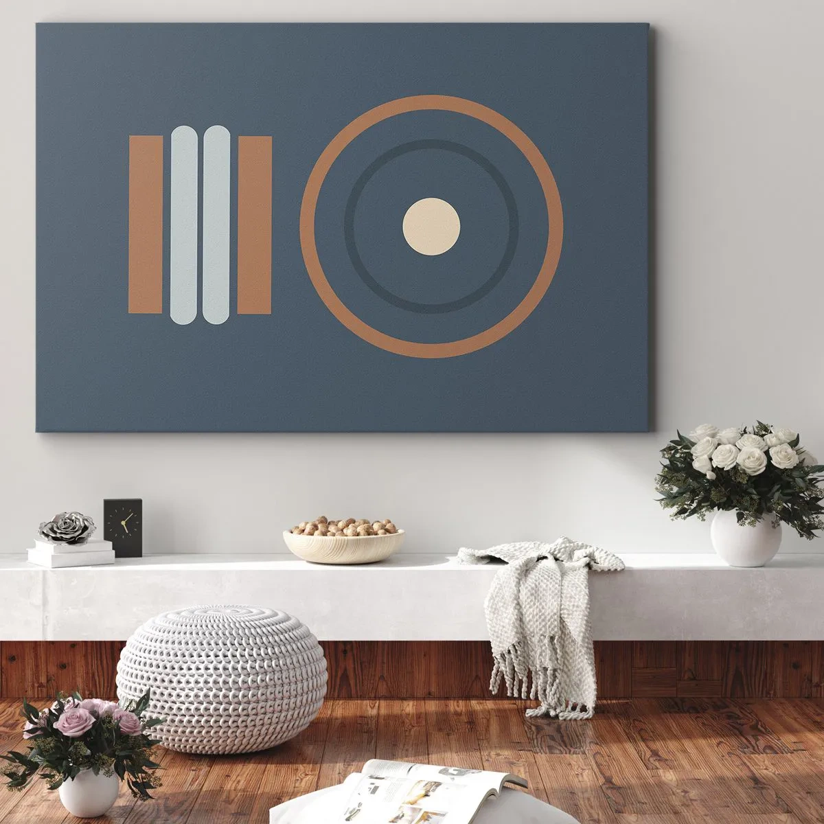 Bild auf Leinwand - Leinwandbild - Eine geometrische Komposition mit Kreisen und Rechtecken in gedämpften Farben. - 70x50cm - Das Wesen der Dinge - Moderne Wanddekoration für Wohnzimmer und Schlafzimmer ARTTOR