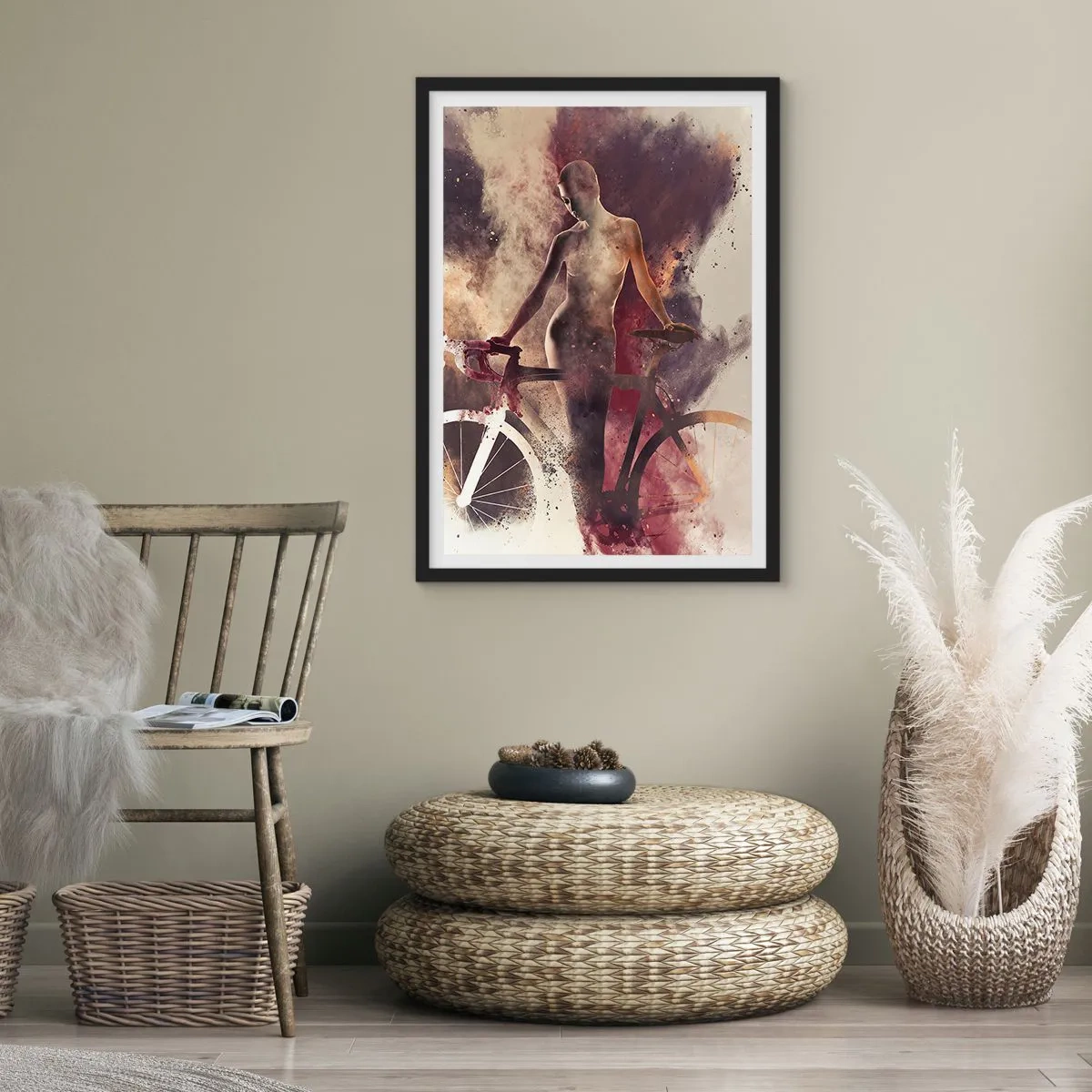 Poster in einem schwarzem Rahmen - Silhouette einer Frau mit einem Fahrrad vor einem künstlerischen, rauchigen Hintergrund - 50x70cm - Eine Fahrradseele in Marmorformen - Moderne Wanddekoration für Wohnzimmer und Schlafzimmer ARTTOR