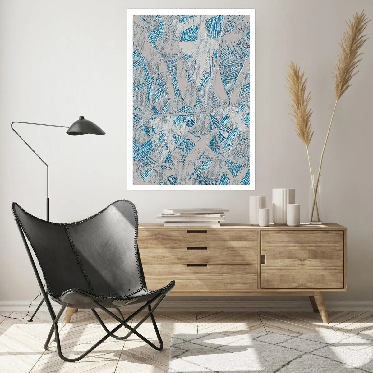 Poster - Geometrische Abstraktion in Blau- und Grautönen - 50x70cm - In einem blaugrauen Labyrinth - Moderne Wanddekoration für Wohnzimmer und Schlafzimmer ARTTOR