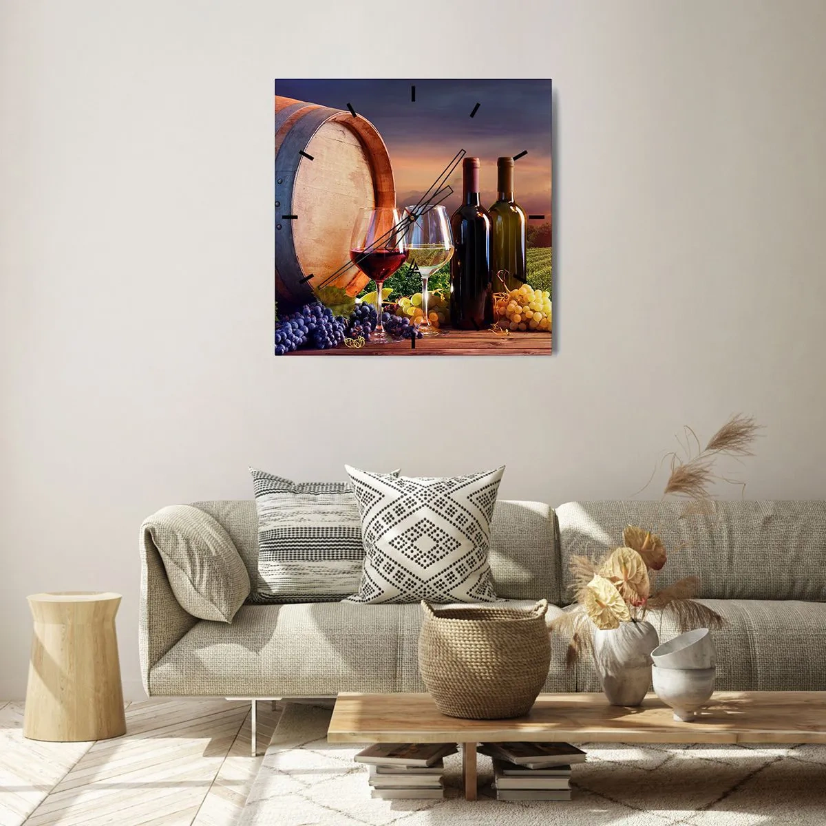 Wanduhr - Glasuhr - Wein, Gläser und ein Fass in einer malerischen Landschaft - 30x30cm - Hier schmeckt das Leben - Moderne Wanddekoration für Wohnzimmer und Schlafzimmer ARTTOR