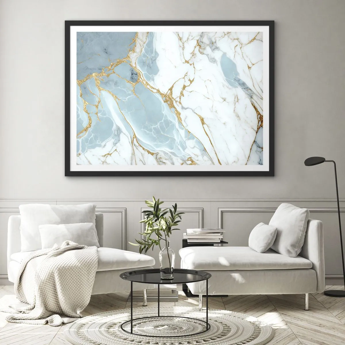 Poster in einem schwarzem Rahmen - Blaue und weiße Marmormuster mit zusätzlichen goldenen Adern - 70x50cm - Reichtum des Steins - Moderne Wanddekoration für Wohnzimmer und Schlafzimmer ARTTOR