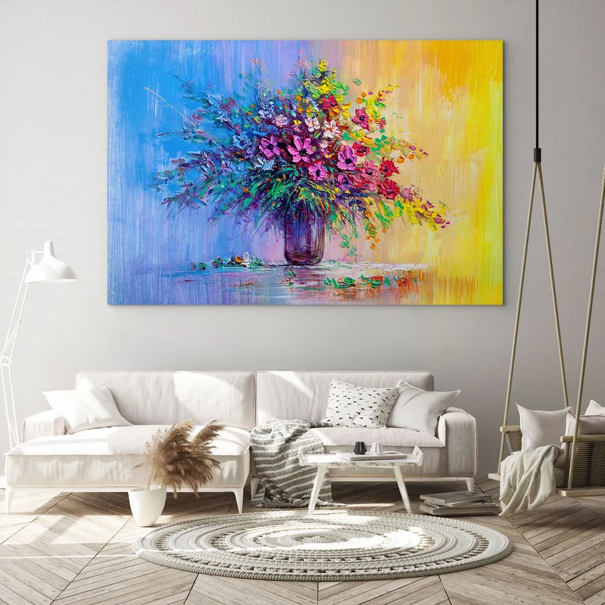 Glasbild - Bild auf glas - Ein bunter Blumenstrauß in einer Vase auf abstraktem Hintergrund - 70x50cm - Sommergeschenk der Wiese - Moderne Wanddekoration für Wohnzimmer und Schlafzimmer ARTTOR