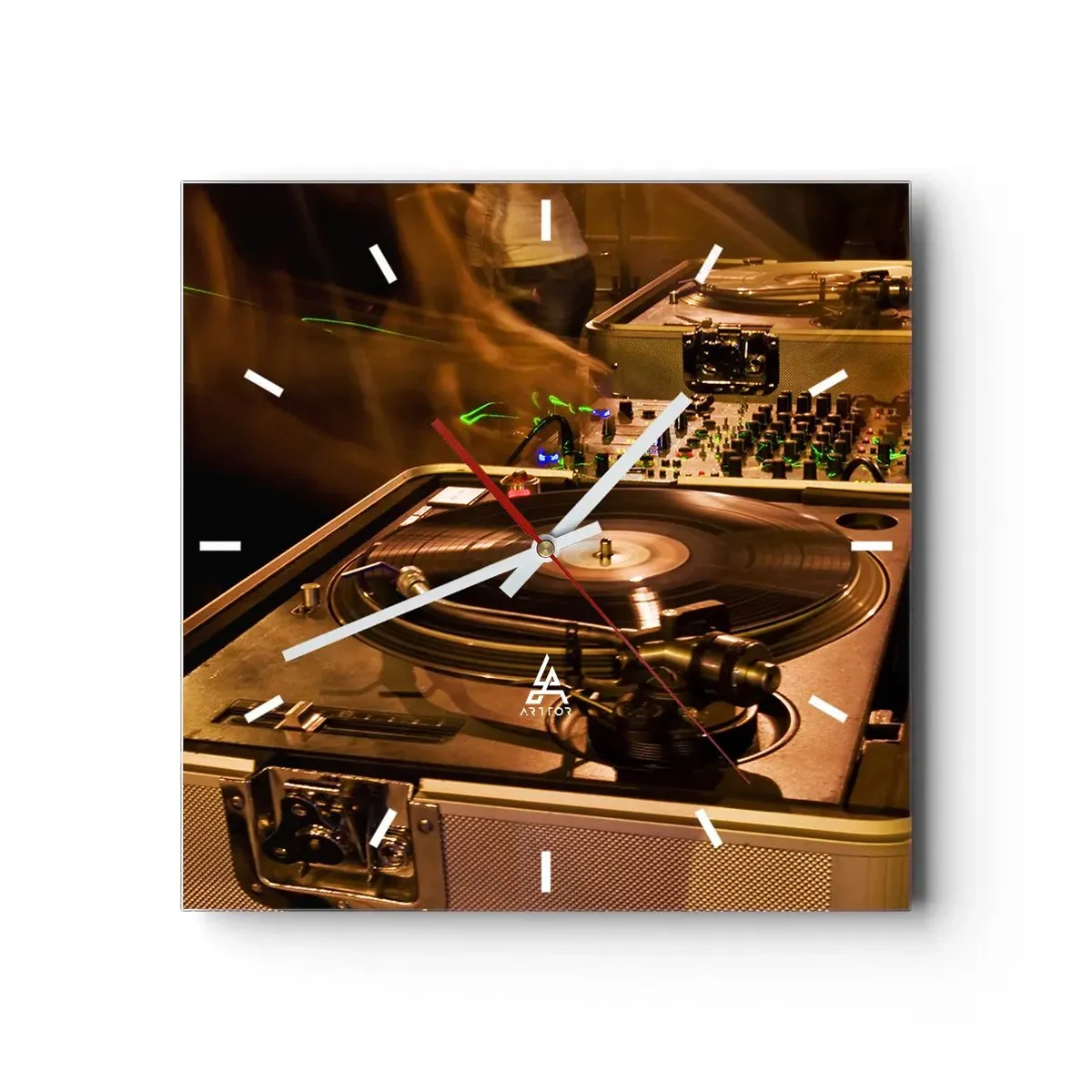 Wanduhr - Glasuhr - DJ-Equipment mit Plattenspieler und Mixer während einer Party - 30x30cm - Kannst du die Kraft spüren? - Moderne Wanddekoration für Wohnzimmer und Schlafzimmer ARTTOR