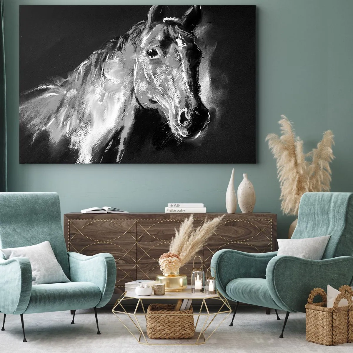 Bild auf Leinwand - Leinwandbild - Porträt eines Pferdes im dynamischen Schwarz-Weiß-Stil - 70x50cm - Das Leuchten einer edlen Seele - Moderne Wanddekoration für Wohnzimmer und Schlafzimmer ARTTOR