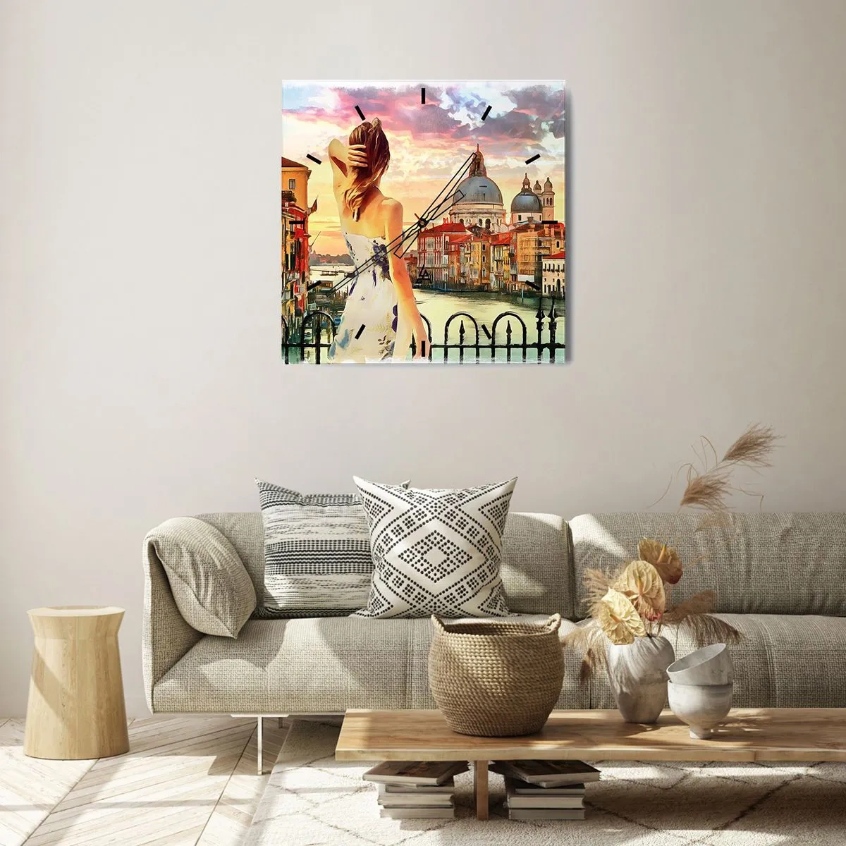 Wanduhr - Glasuhr - Eine Frau bewundert die malerische Landschaft am Kanal - 30x30cm - Als Abenteuer nur in ... - Moderne Wanddekoration für Wohnzimmer und Schlafzimmer ARTTOR