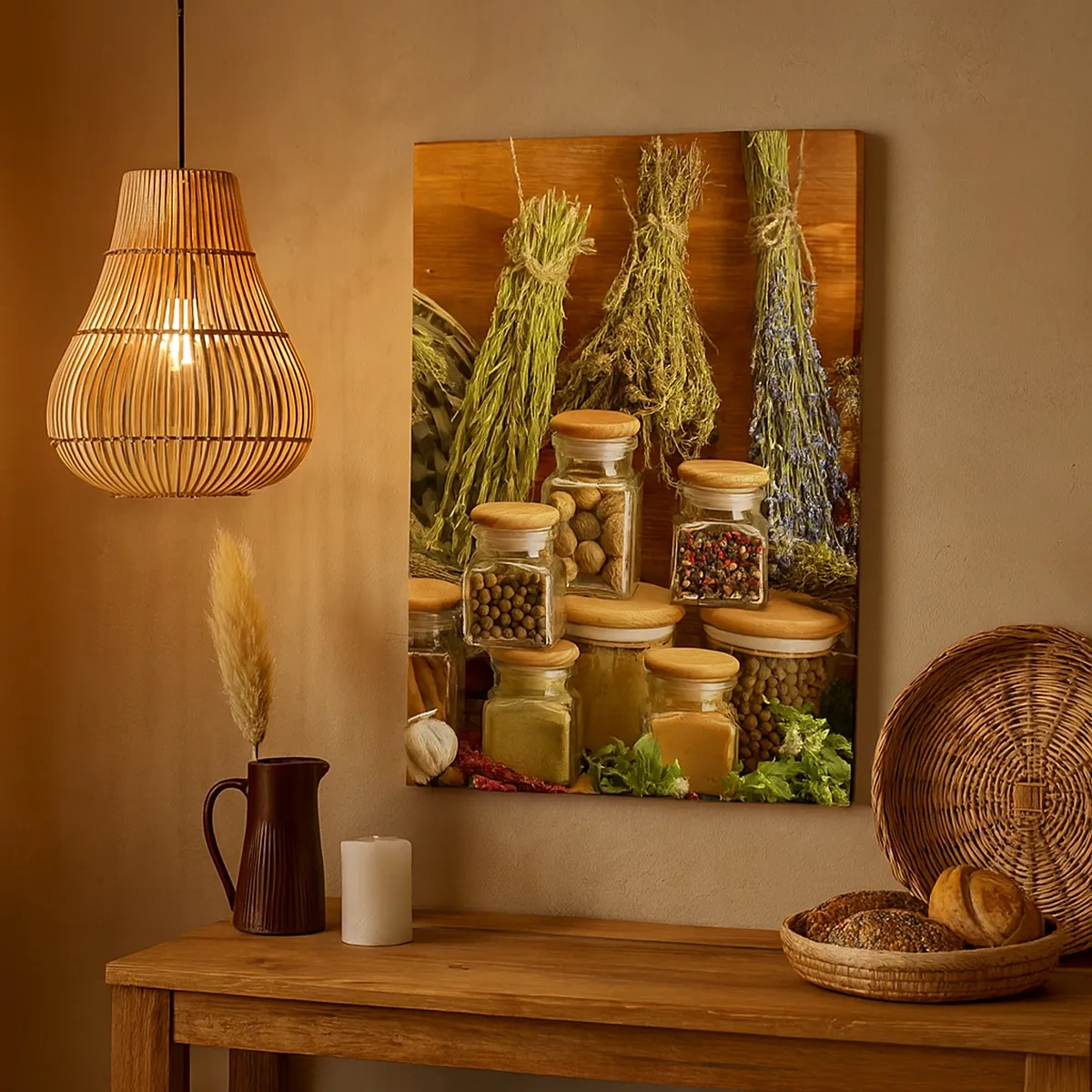 Bild auf Leinwand - Leinwandbild - Kräuter und Gewürze in Gläsern auf rustikalem Hintergrund - 50x70cm - Küchenzauber - Moderne Wanddekoration für Wohnzimmer und Schlafzimmer ARTTOR