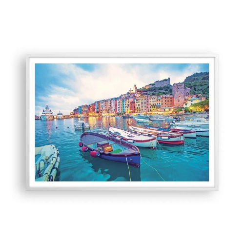 Poster in einem weißen Rahmen - Bunter Abend im Hafen - 100x70 cm