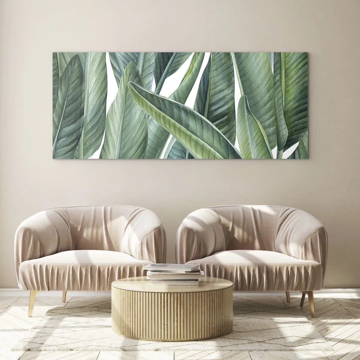 Glasbild - Bild auf glas - Grüne Blätter im minimalistischen, botanischen Stil - 160x50cm - An und für sich Grün - Moderne Wanddekoration für Wohnzimmer und Schlafzimmer ARTTOR