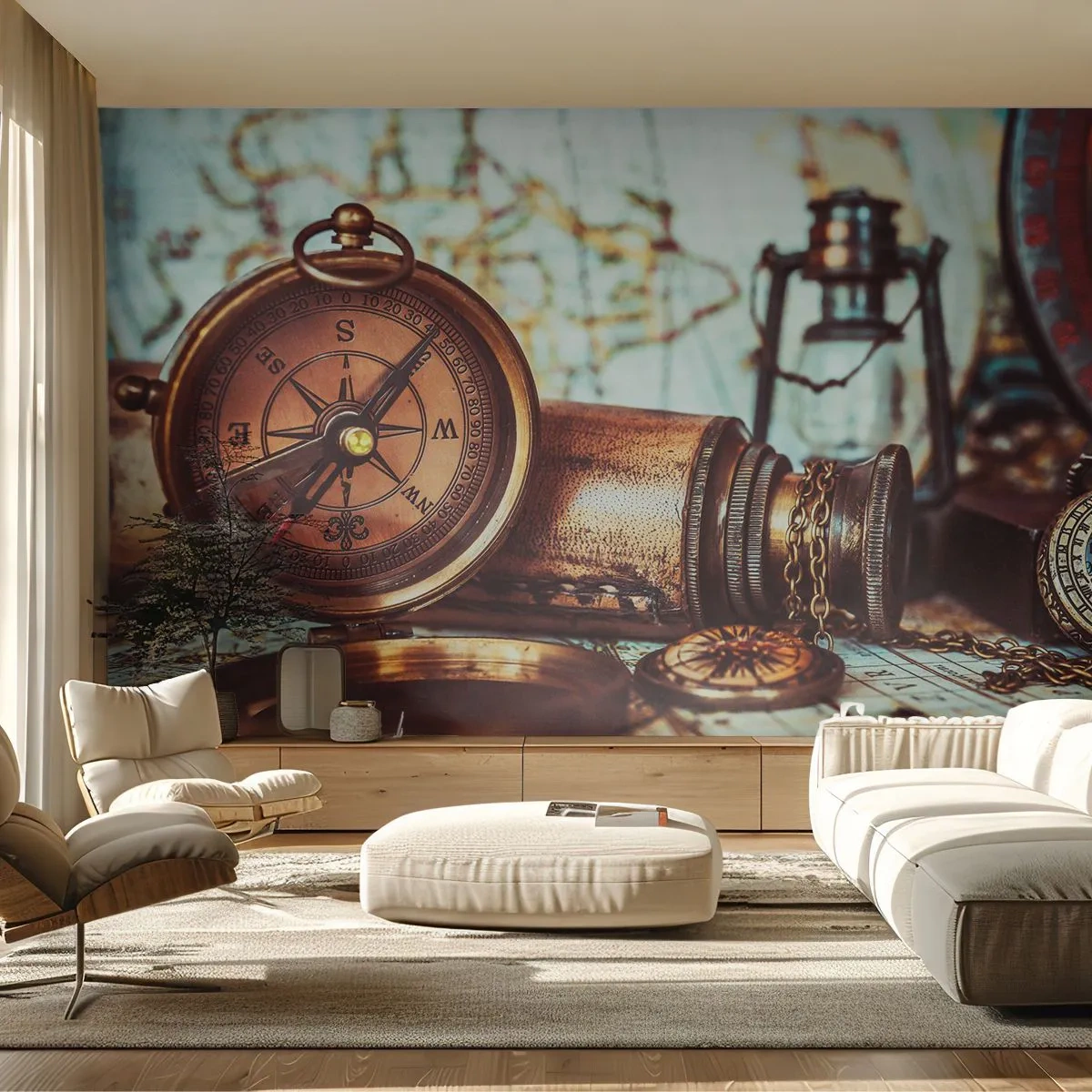 Fototapete Standard Eco - Antiker Kompass und Vintage-Karte - 100x70cm - Ein Piratenabenteuer in der Karibik wartet - Moderne Wanddekoration für Wohnzimmer und Schlafzimmer ARTTOR