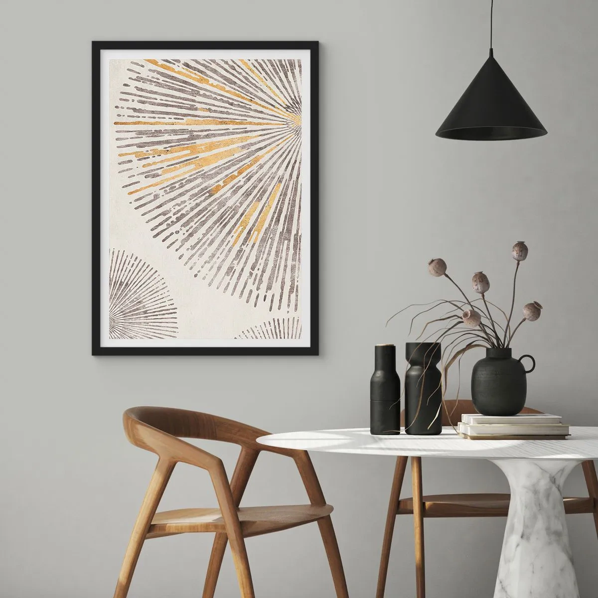 Poster in einem schwarzem Rahmen - Abstraktes Strahlenmuster in Gold- und Brauntönen - 50x70cm - Schönheit des Strahls - Moderne Wanddekoration für Wohnzimmer und Schlafzimmer ARTTOR
