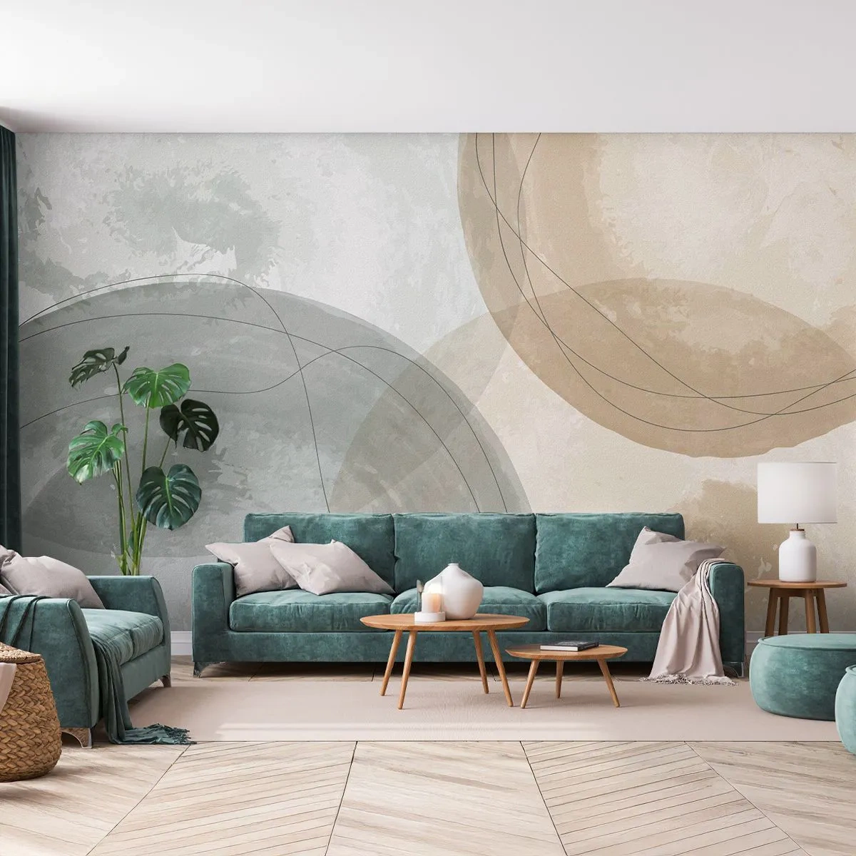 Fototapete Premium Sand - Abstrakte Kreise in Beige- und Grautönen - 100x70cm - Welten durchdringen - Moderne Wanddekoration für Wohnzimmer und Schlafzimmer ARTTOR