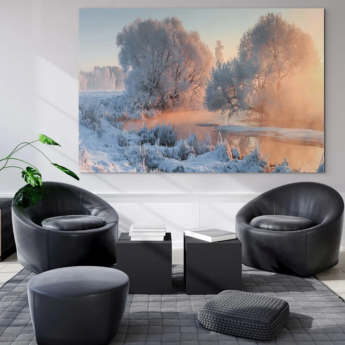 Glasbild - Bild auf glas - Winterlandschaft mit zugefrorenem See und Morgennebel - 70x50cm - Alles im Kristall glänzt in der Sonne - Moderne Wanddekoration für Wohnzimmer und Schlafzimmer ARTTOR