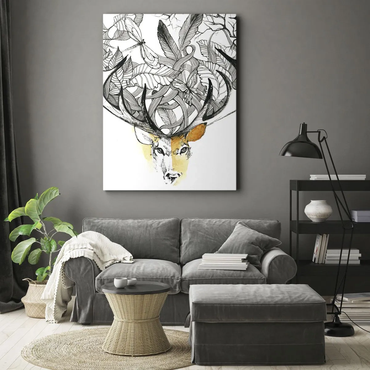 Bild auf Leinwand - Leinwandbild - Dezente Hirschgrafik mit dekorativem Geweih - 70x100cm - Ecken des Überflusses - Moderne Wanddekoration für Wohnzimmer und Schlafzimmer ARTTOR