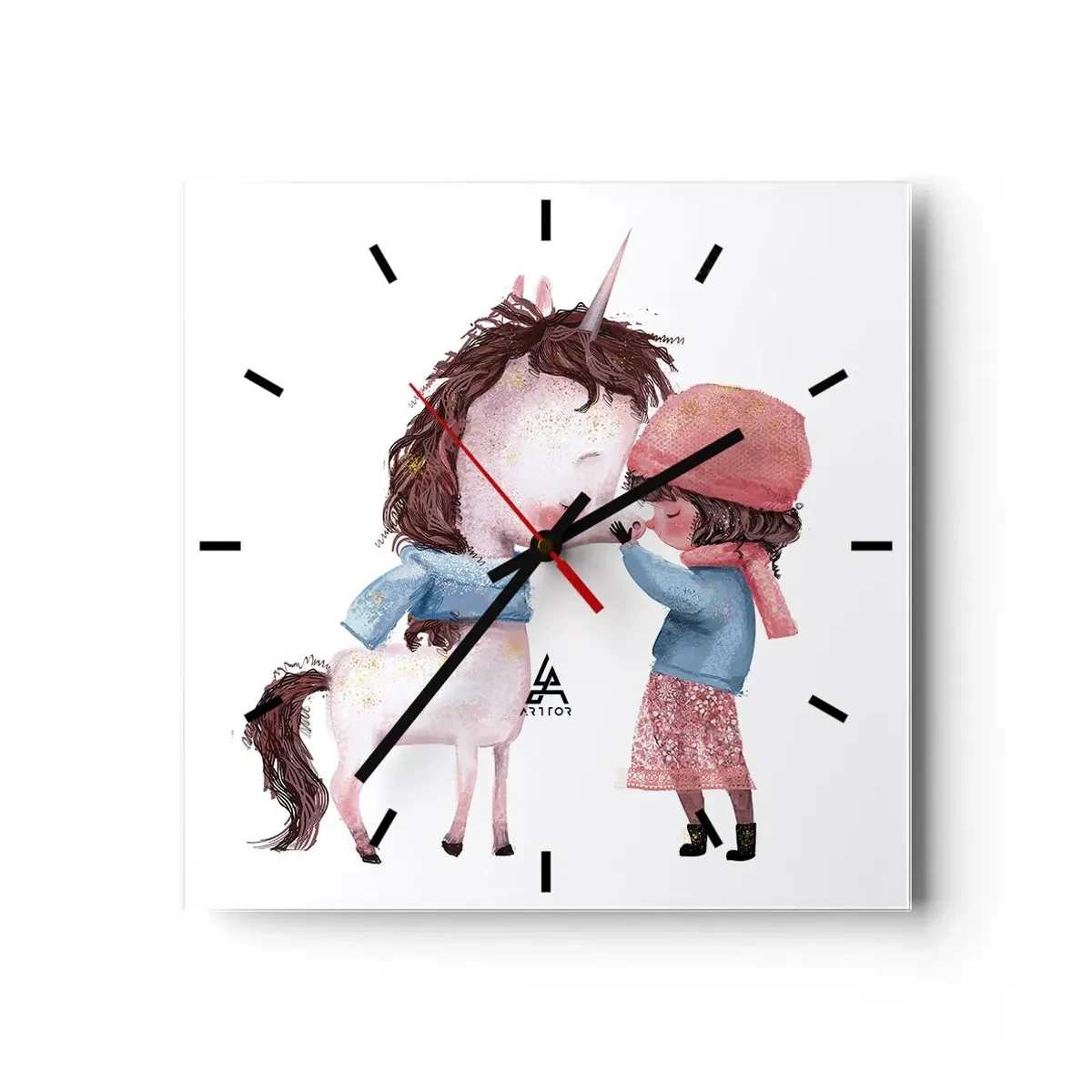 Wanduhr - Glasuhr - Ein Mädchen und ein Einhorn in einer Winterlandschaft - 30x30cm - Ein Wintermärchen - Moderne Wanddekoration für Wohnzimmer und Schlafzimmer ARTTOR