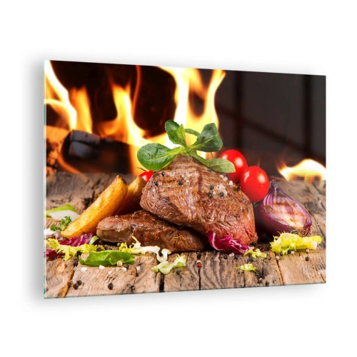 Glasbild - Bild auf glas - Gegrilltes Steak mit Gemüse vor dem Hintergrund der Flammen - 70x50cm - Von Hitze gezaubert - Moderne Wanddekoration für Wohnzimmer und Schlafzimmer ARTTOR
