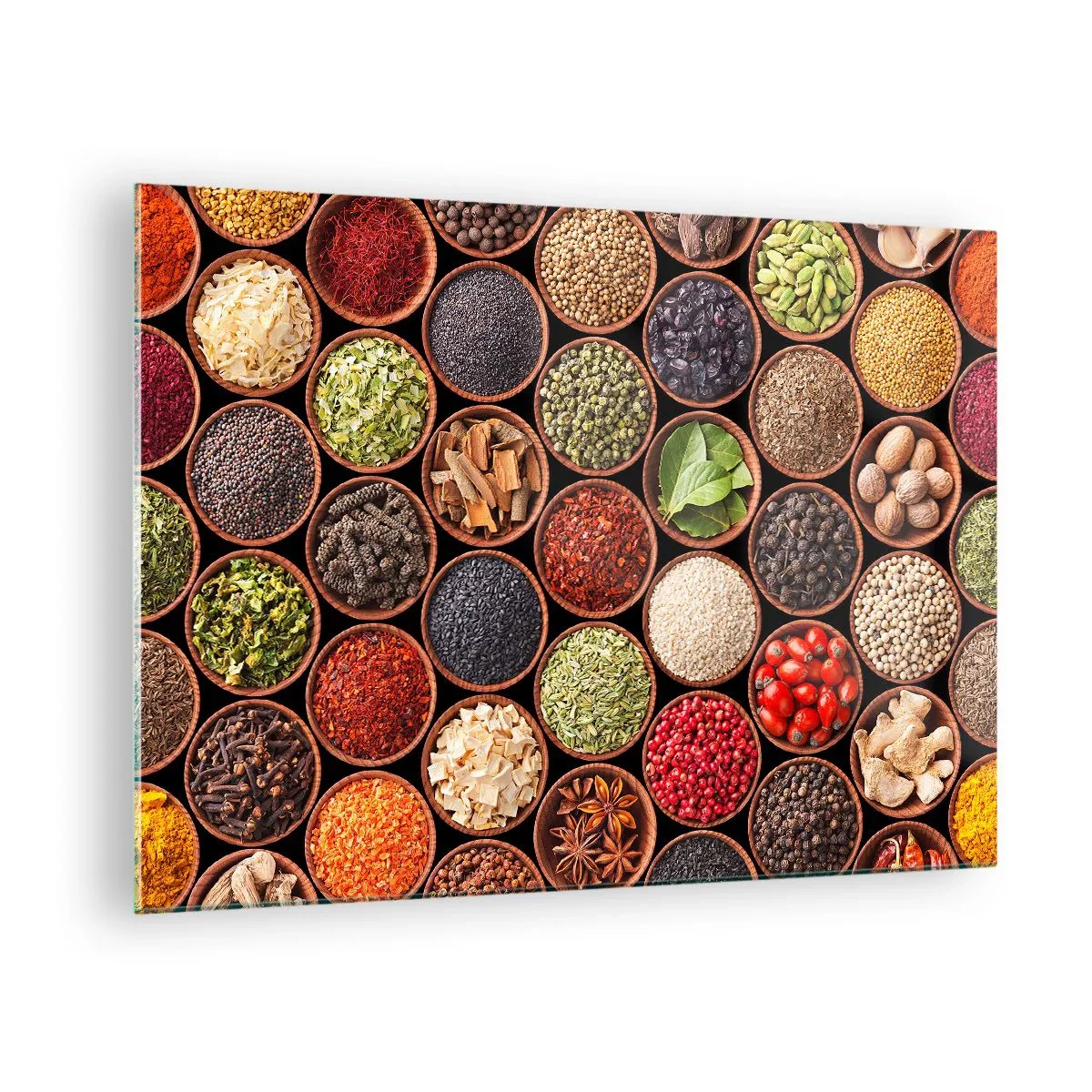 Glasbild - Bild auf glas - Eine Komposition aus verschiedenen Gewürzen in Holzschalen - 70x50cm - Alle Aromen der Welt - Moderne Wanddekoration für Wohnzimmer und Schlafzimmer ARTTOR