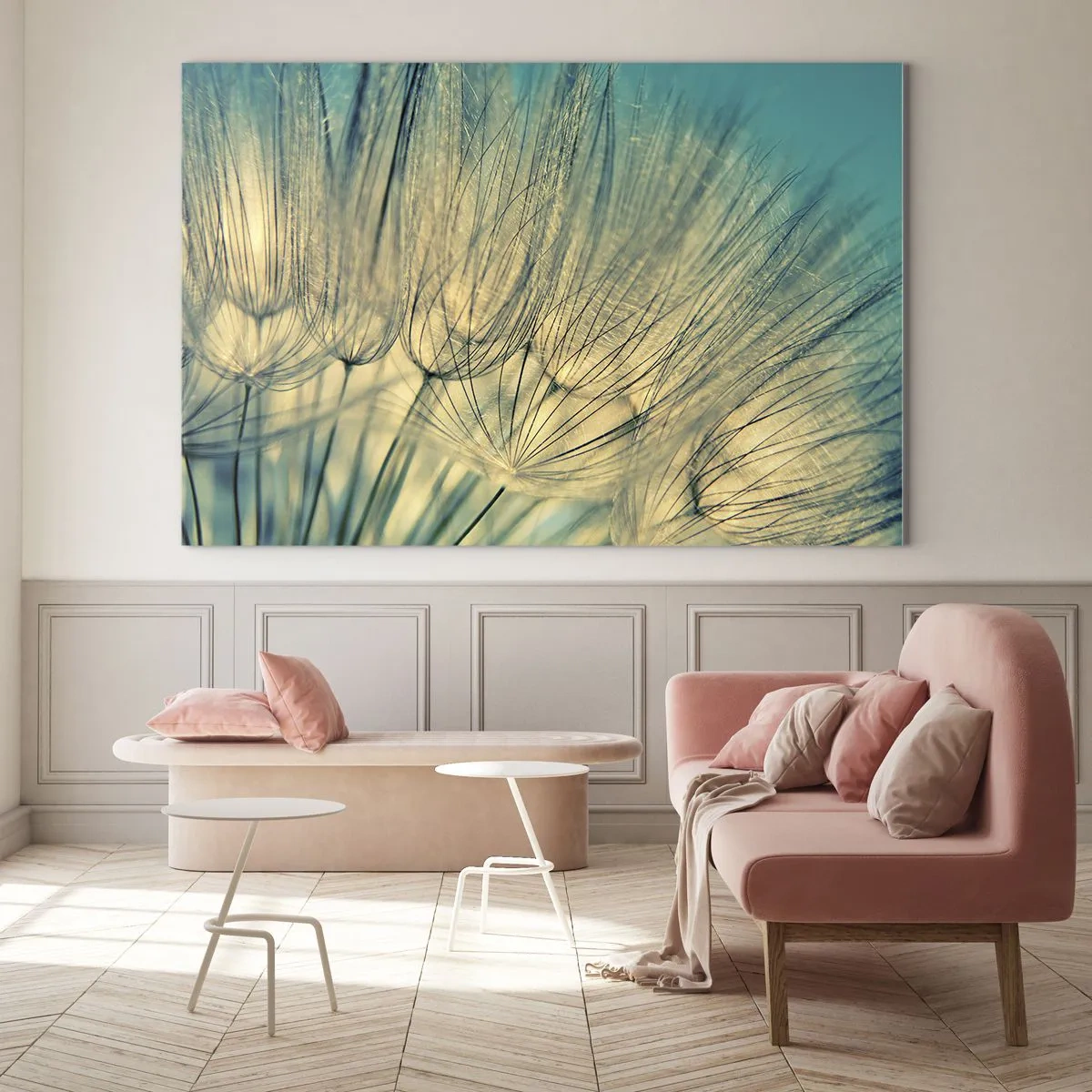 Glasbild - Bild auf glas - Makrofotografie eines Löwenzahns vor türkisfarbenem Hintergrund - 70x50cm - In Erwartung des Windes - Moderne Wanddekoration für Wohnzimmer und Schlafzimmer ARTTOR