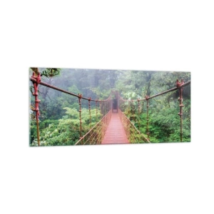 Glasbild - Bild auf glas - Eine Hängebrücke in einem tropischen Dschungel, umgeben von Nebel - 120x50cm - Über den Kronen aufgehängt - Moderne Wanddekoration für Wohnzimmer und Schlafzimmer ARTTOR