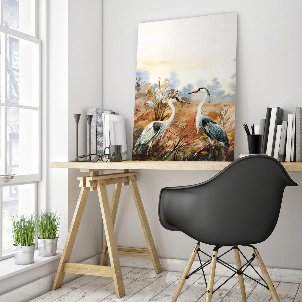 Glasbild - Bild auf glas - Zwei Reiher vor dem Hintergrund einer herbstlichen Landschaft - 80x120cm - Wohin im Herbst? - Moderne Wanddekoration für Wohnzimmer und Schlafzimmer ARTTOR