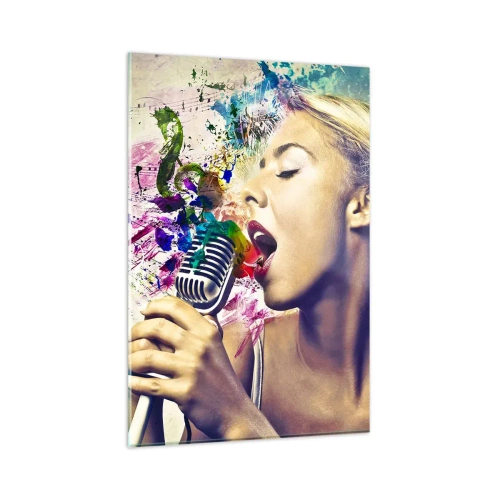 Glasbild - Bild auf glas - Künstlerisches Porträt einer singenden Frau mit farbenfrohen Effekten - 80x120cm - Malen Sie die Welt mit Ihrer Stimme - Moderne Wanddekoration für Wohnzimmer und Schlafzimmer ARTTOR