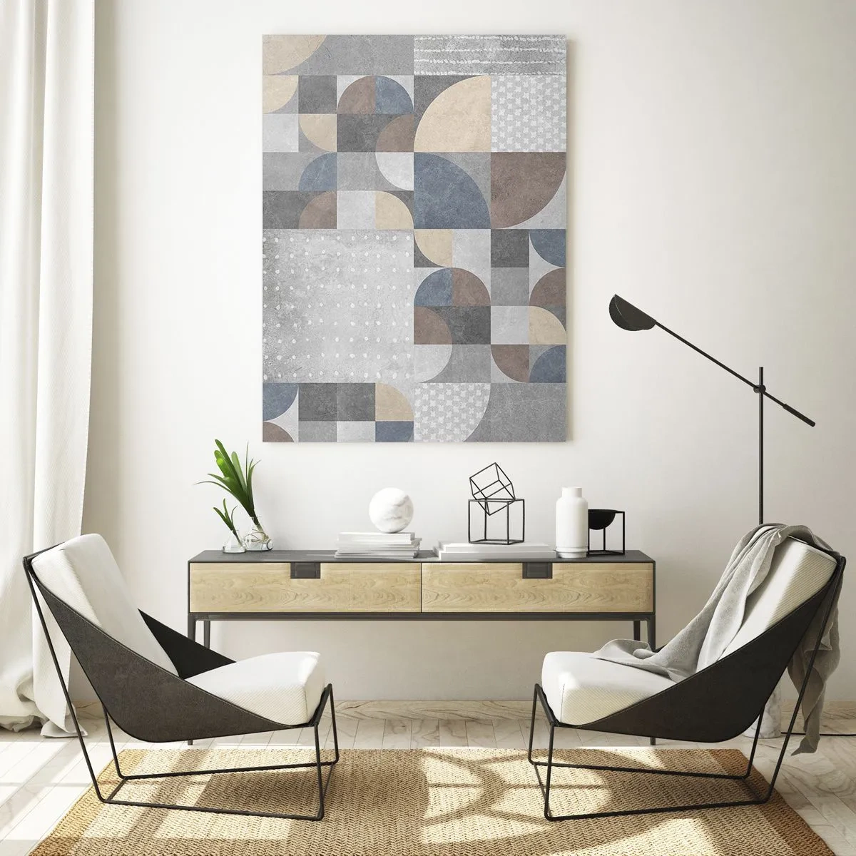 Glasbild - Bild auf glas - Abstrakte geometrische Komposition mit verschiedenen Formen und Grautönen. - 50x70cm - Keramische Fantasie - Moderne Wanddekoration für Wohnzimmer und Schlafzimmer ARTTOR