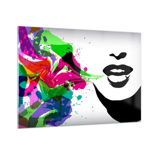 Glasbild - Bild auf glas - Eine farbenfrohe Abstraktion mit einem weiblichen Profil und Farbtupfern. - 100x70cm - Eine Geschichte in den Farben des Regenbogens - Moderne Wanddekoration für Wohnzimmer und Schlafzimmer ARTTOR