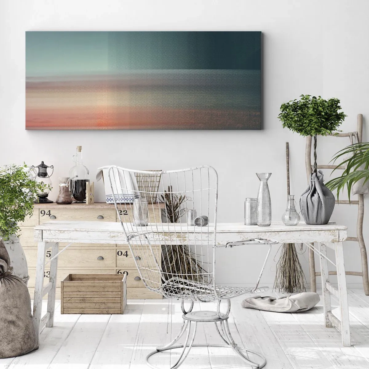 Bild auf Leinwand - Leinwandbild - Ein Sonnenuntergang in Pastelltönen über einem ruhigen Horizont - 160x50cm - Abstraktion: Lichtwellen - Moderne Wanddekoration für Wohnzimmer und Schlafzimmer ARTTOR