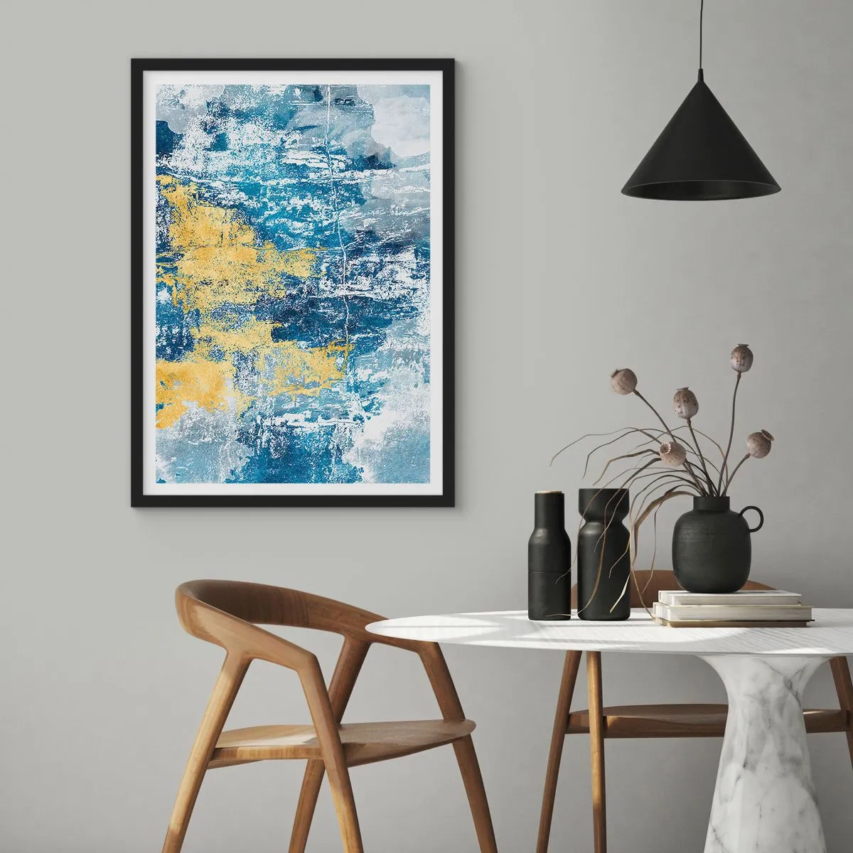 Poster in einem schwarzem Rahmen - Abstrakte Komposition aus Blau und Gold in der Textur - 50x70cm - Abstraktion voller Wetter - Moderne Wanddekoration für Wohnzimmer und Schlafzimmer ARTTOR