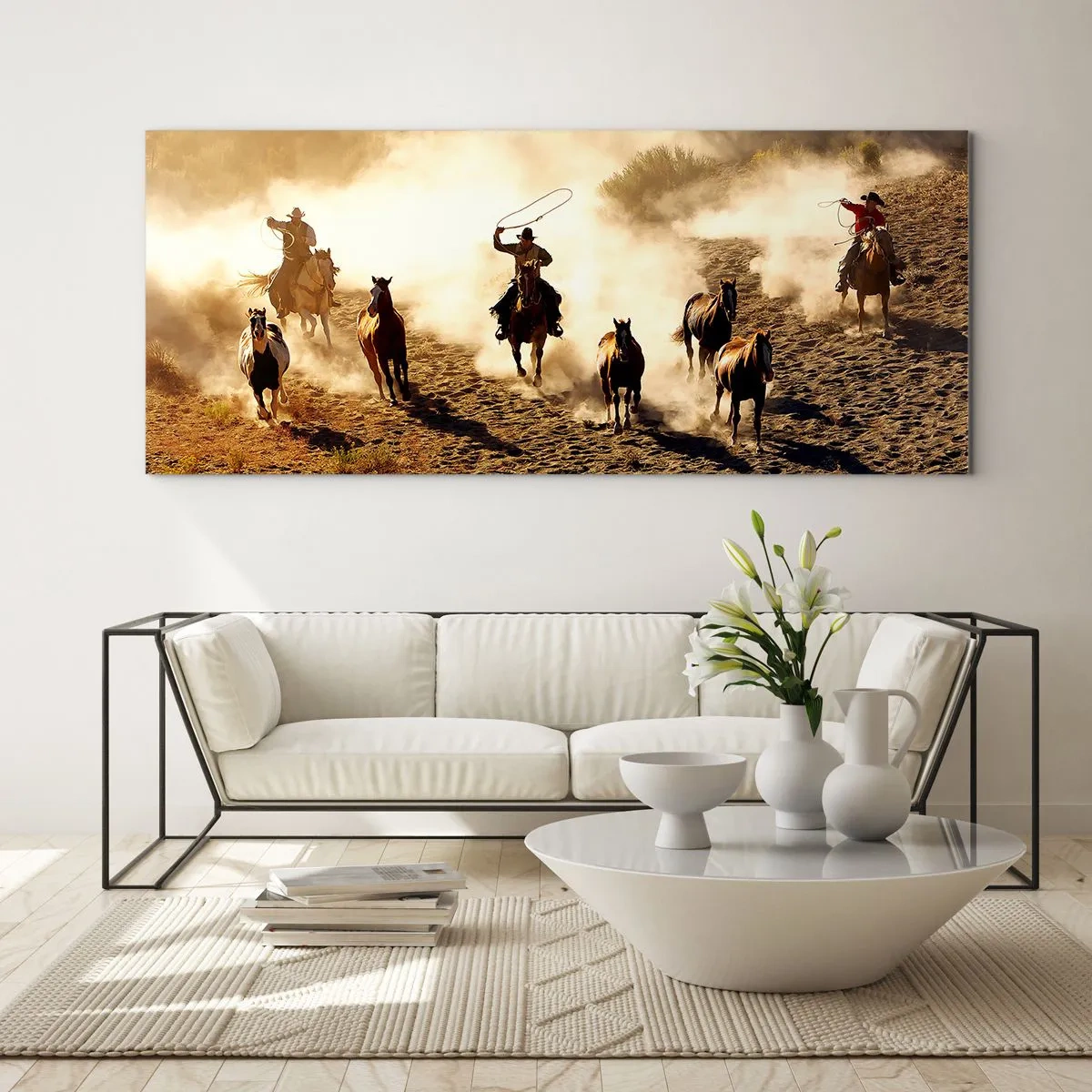 Glasbild - Bild auf glas - Cowboys zu Pferd in Aktion im Wüstengelände - 120x50cm - Wirklich wilder Westen - Moderne Wanddekoration für Wohnzimmer und Schlafzimmer ARTTOR