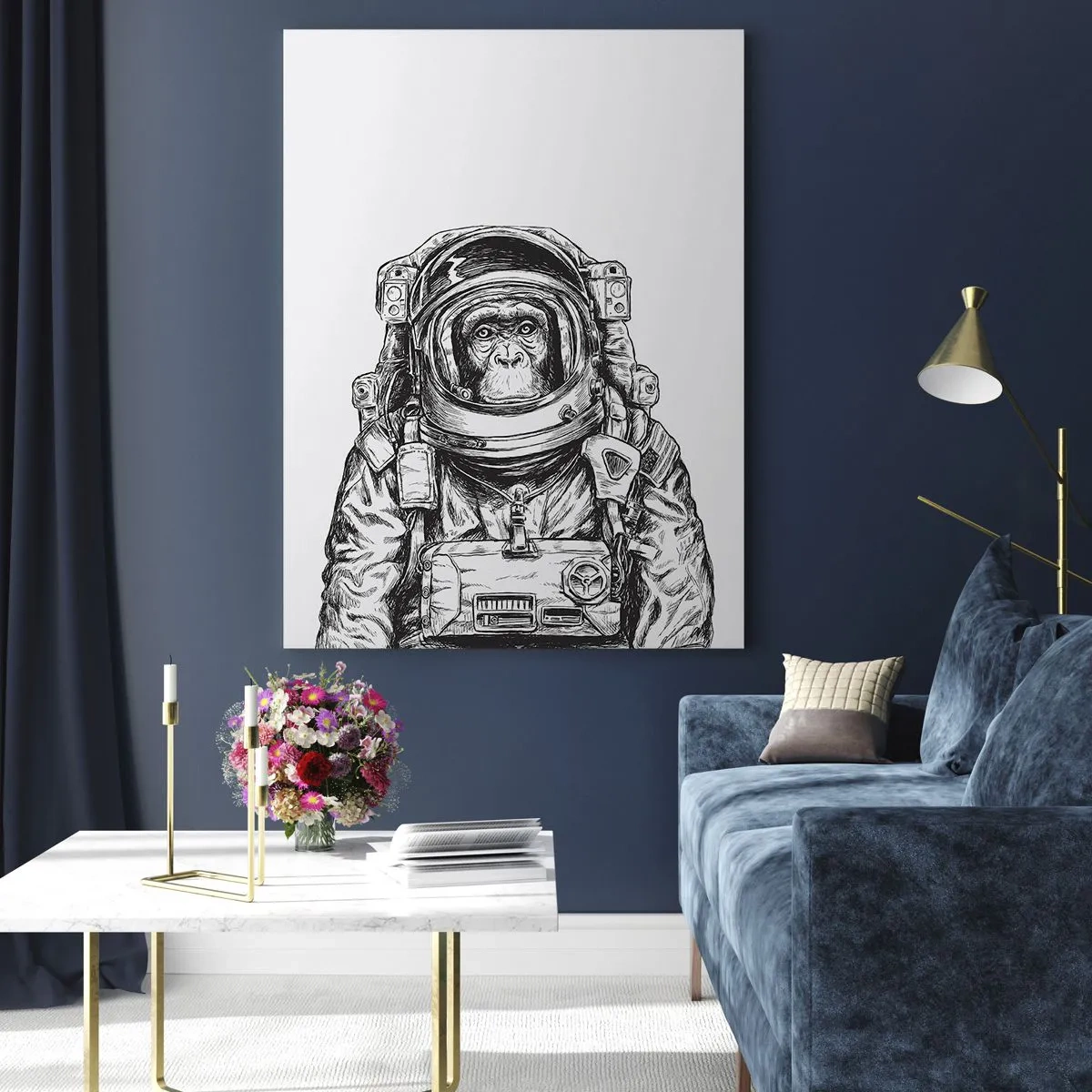 Glasbild - Bild auf glas - Grafik eines Astronauten im Raumanzug mit Affenkopf - 70x100cm - Alternative Evolution - Moderne Wanddekoration für Wohnzimmer und Schlafzimmer ARTTOR