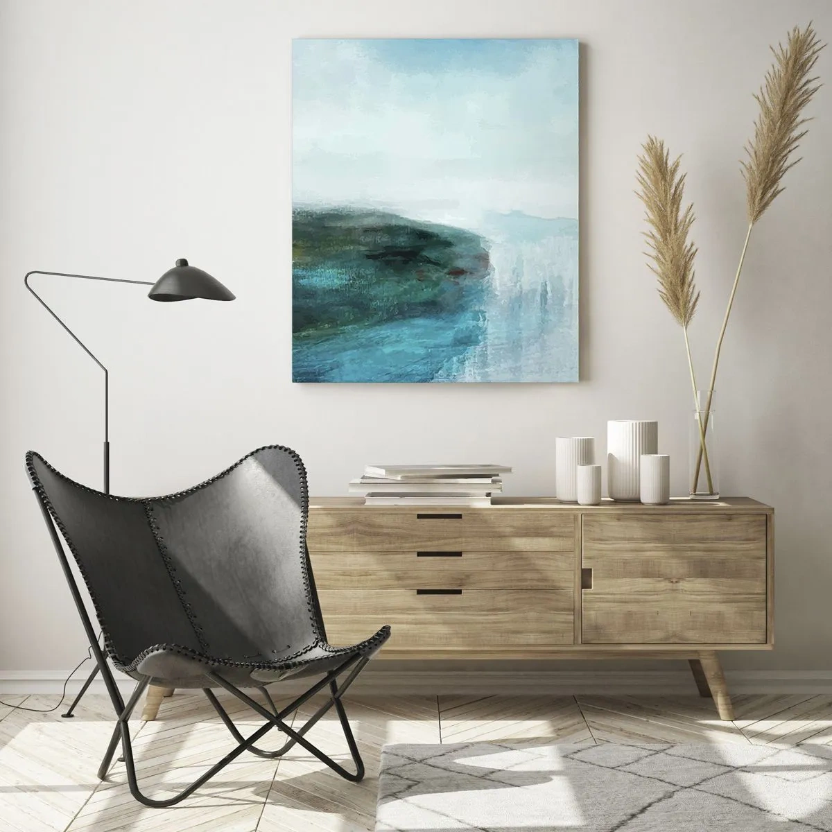 Glasbild - Bild auf glas - Abstrakte Landschaft in Türkis- und Grautönen - 80x120cm - Nautische Abstraktion - Moderne Wanddekoration für Wohnzimmer und Schlafzimmer ARTTOR