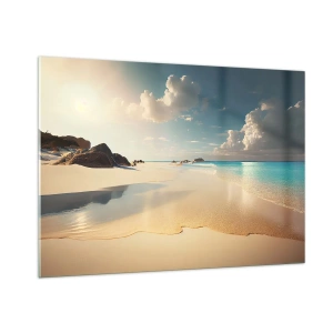 Glasbild - Bild auf glas - Goldener Strand und türkisfarbenes Meer im Licht der Morgensonne - 100x70cm - Erträumter Tag - Moderne Wanddekoration für Wohnzimmer und Schlafzimmer ARTTOR