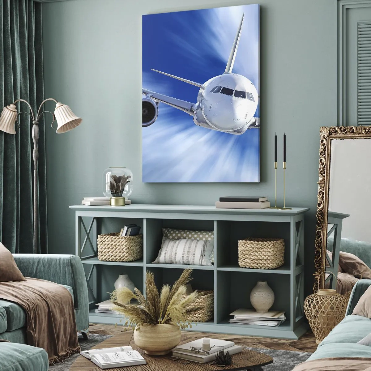 Bild auf Leinwand - Leinwandbild - Ein Passagierflugzeug in Bewegung gegen den Himmel - 50x70cm - Schneller als der Wind am Himmel - Moderne Wanddekoration für Wohnzimmer und Schlafzimmer ARTTOR