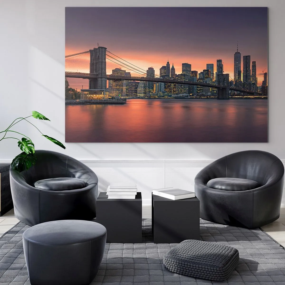 Glasbild - Bild auf glas - Brooklyn Bridge bei Sonnenuntergang - 70x50cm - Eingetaucht in lila Stille - Moderne Wanddekoration für Wohnzimmer und Schlafzimmer ARTTOR