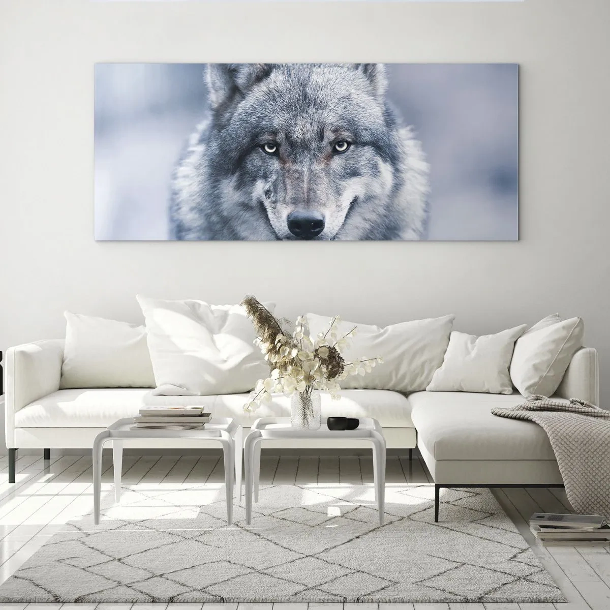 Glasbild - Bild auf glas - Ein Wolf mit intensivem Blick in einer Winterlandschaft - 120x50cm - Werden Sie die Herausforderung annehmen? - Moderne Wanddekoration für Wohnzimmer und Schlafzimmer ARTTOR