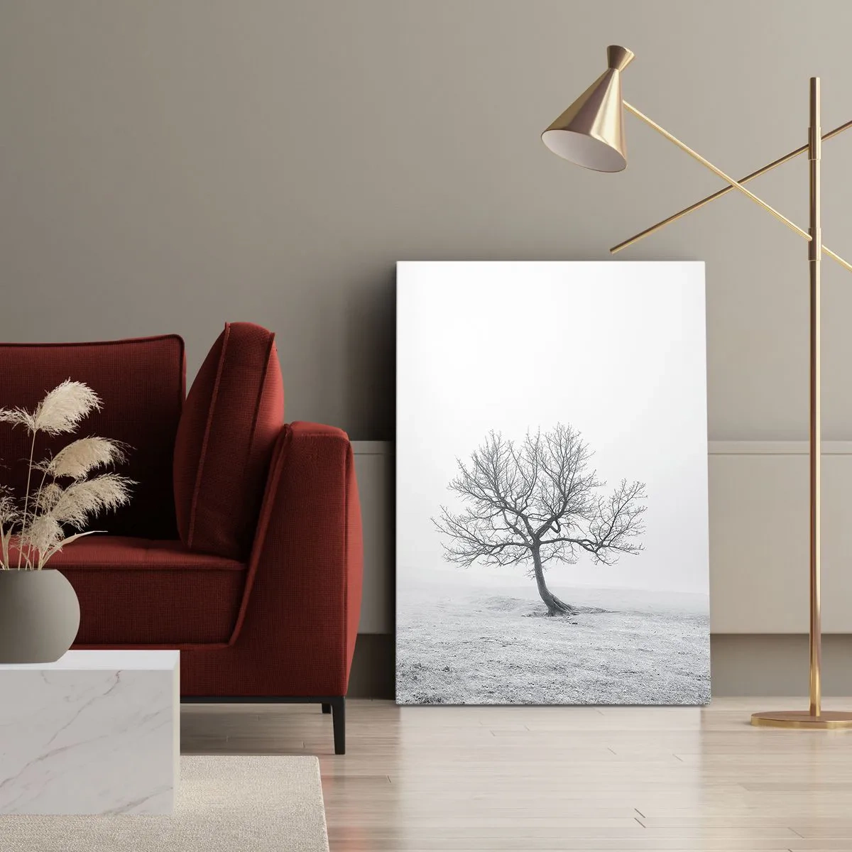 Bild auf Leinwand - Leinwandbild - Ein einsamer Baum im Winternebel auf einem leeren Feld - 70x100cm - Gegen das Nichts - Moderne Wanddekoration für Wohnzimmer und Schlafzimmer ARTTOR