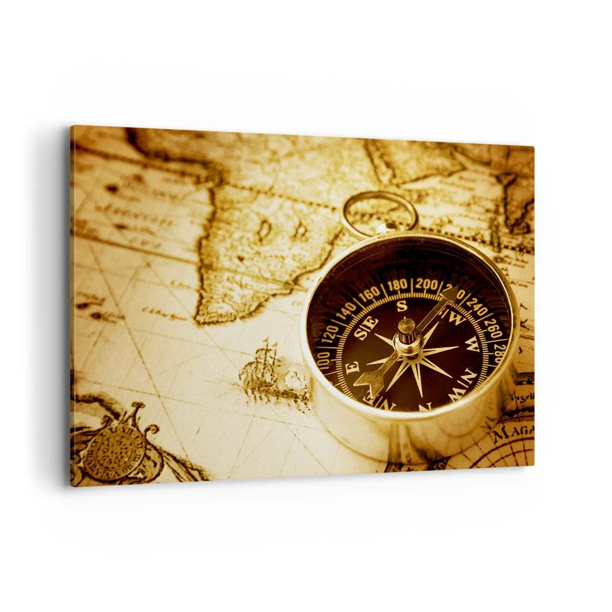 Bild auf Leinwand - Leinwandbild - Ein antiker Kompass vor dem Hintergrund einer alten Weltkarte - 120x80cm - Ost oder West? - Moderne Wanddekoration für Wohnzimmer und Schlafzimmer ARTTOR