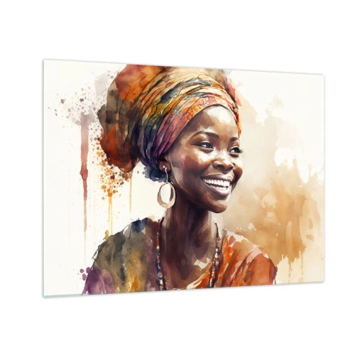 Glasbild - Bild auf glas - Aquarellporträt einer lächelnden Frau mit Turban - 70x50cm - Afrikanische Königin - Moderne Wanddekoration für Wohnzimmer und Schlafzimmer ARTTOR