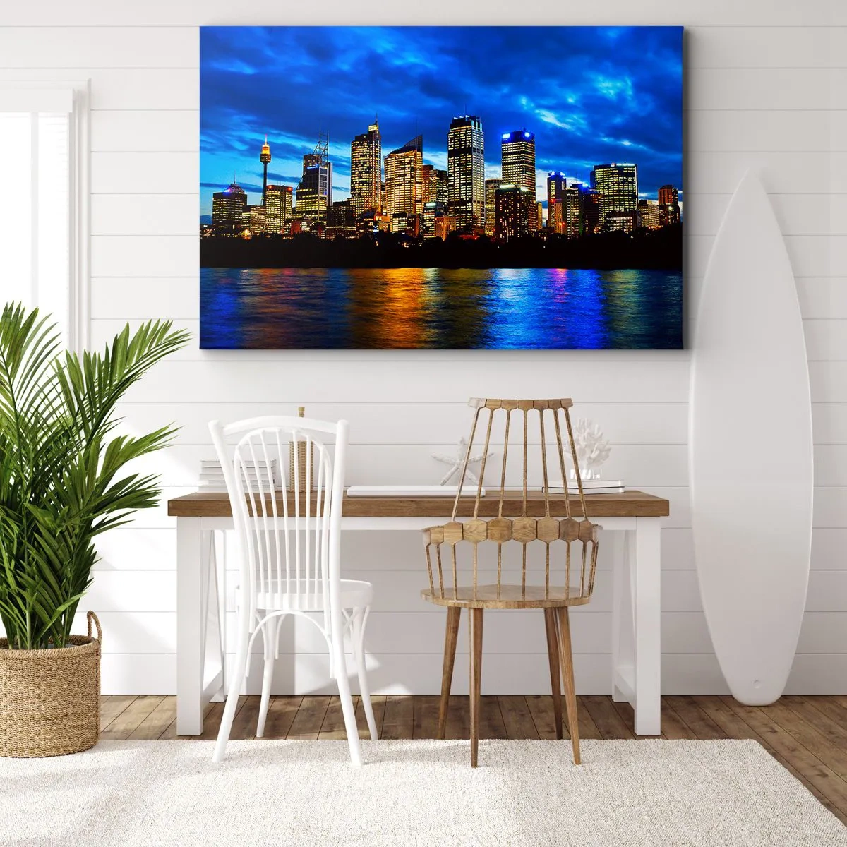 Bild auf Leinwand - Leinwandbild - Panorama der nächtlichen Stadt mit beleuchteten Wolkenkratzern über dem Wasser - 120x80cm - Eine Nacht der Lichter und Farben - Moderne Wanddekoration für Wohnzimmer und Schlafzimmer ARTTOR