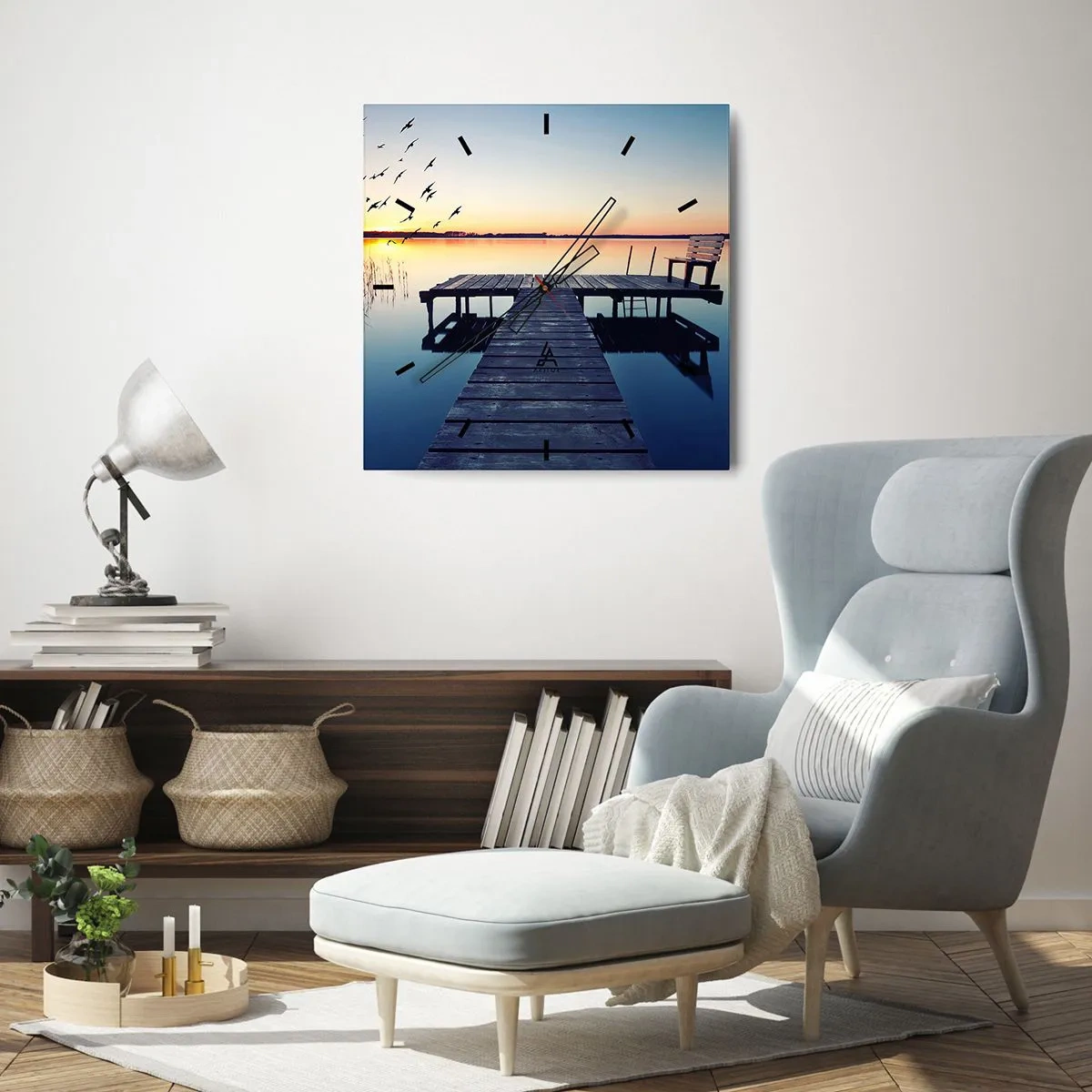 Wanduhr - Glasuhr - Holzsteg auf einem See bei Sonnenaufgang mit Vögeln - 30x30cm - Das war ein guter Tag - Moderne Wanddekoration für Wohnzimmer und Schlafzimmer ARTTOR