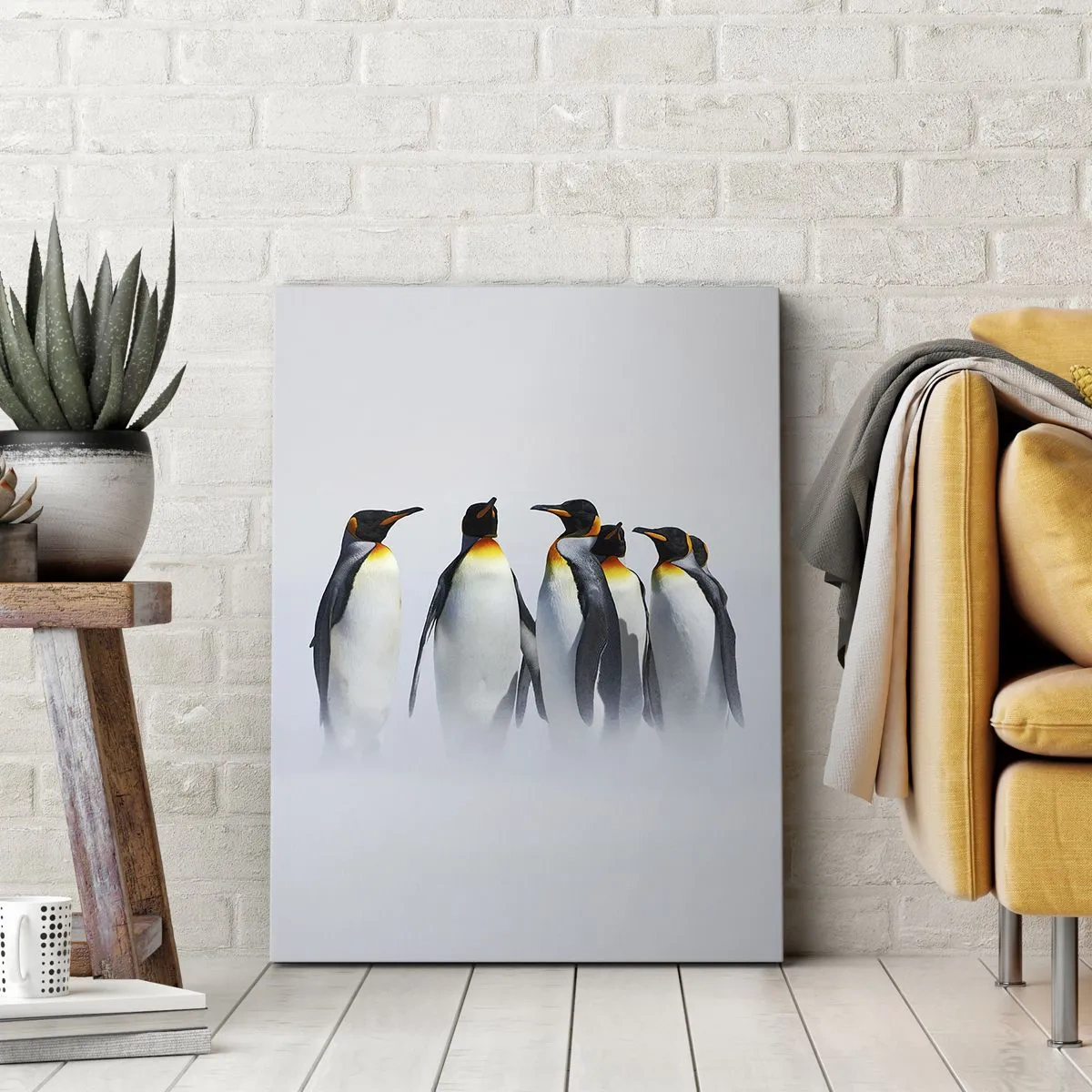 Bild auf Leinwand - Leinwandbild - Eine Gruppe Kaiserpinguine im Winternebel - 70x100cm - Treffen in Abendkleidern - Moderne Wanddekoration für Wohnzimmer und Schlafzimmer ARTTOR