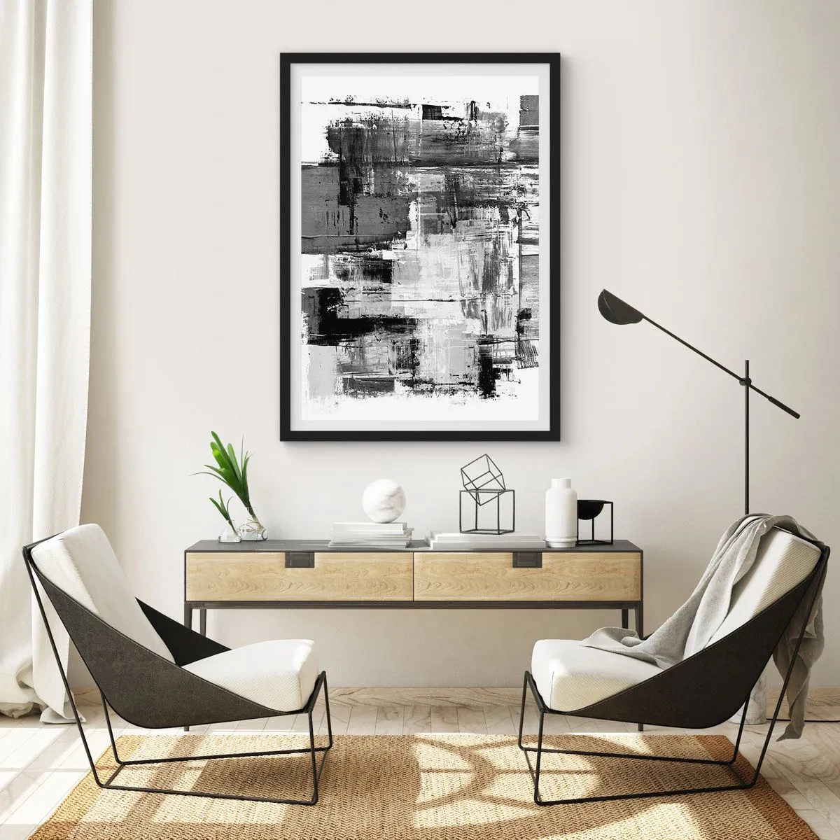 Poster in einem schwarzem Rahmen - Abstrakte Komposition in Schwarz-, Weiß- und Grautönen - 50x70cm - Wunderschönes Grau - Moderne Wanddekoration für Wohnzimmer und Schlafzimmer ARTTOR