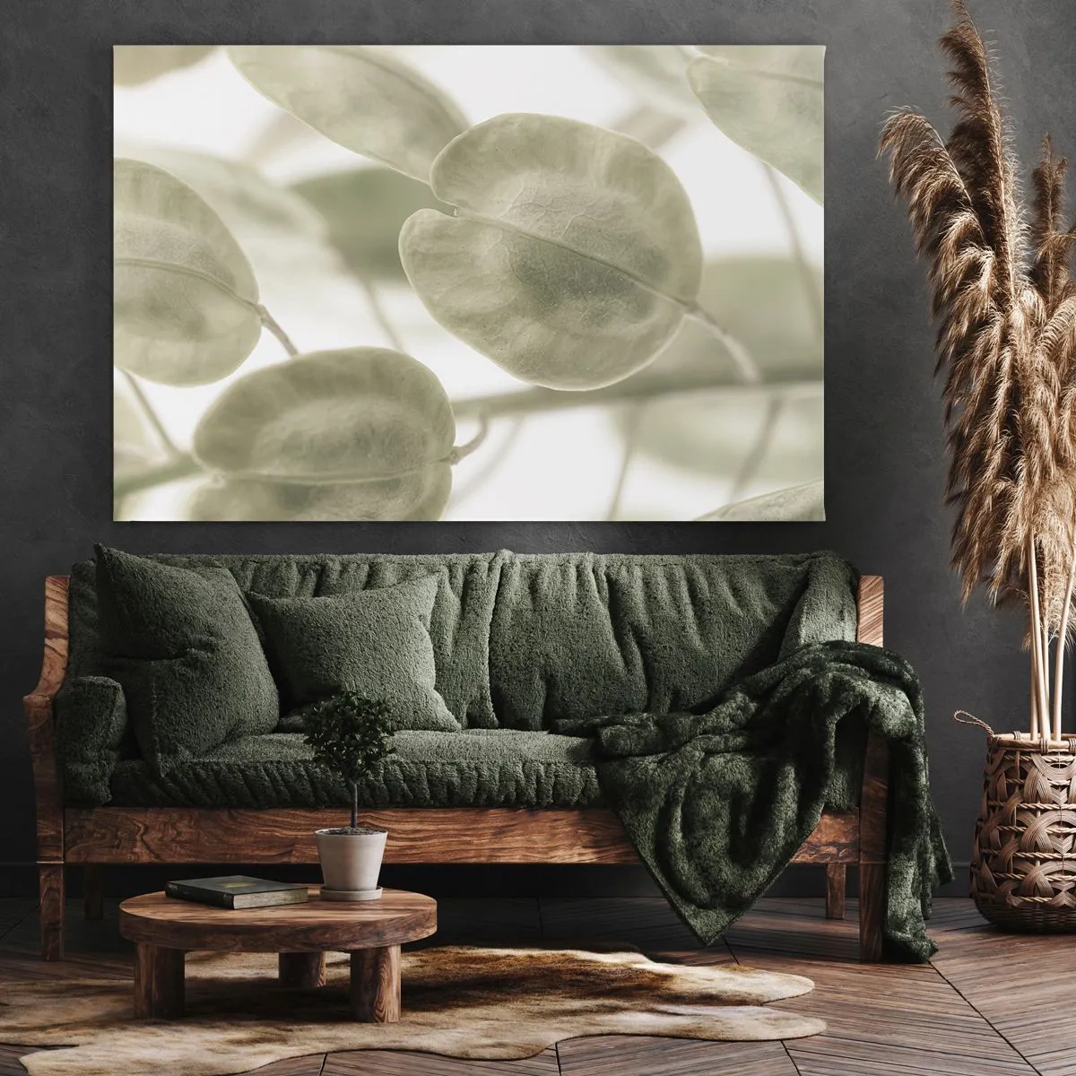 Bild auf Leinwand - Leinwandbild - Ein zartes Gemälde von Blättern in pastellfarbenen Grüntönen auf hellem Hintergrund. - 70x50cm - Am Anfang waren Blätter... - Moderne Wanddekoration für Wohnzimmer und Schlafzimmer ARTTOR