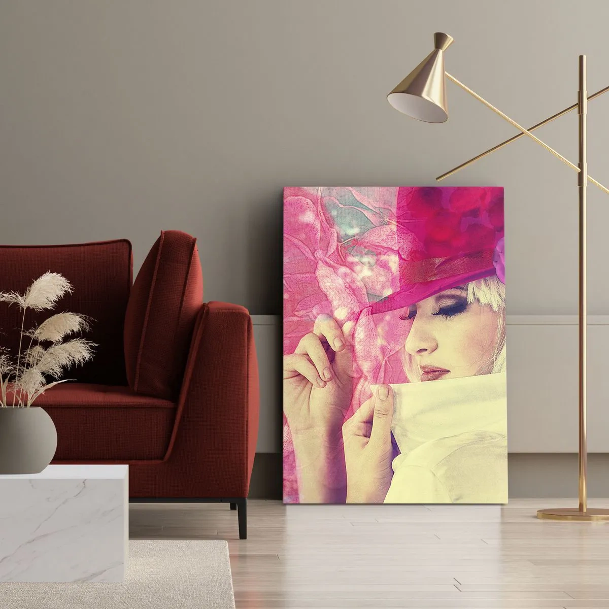 Bild auf Leinwand - Leinwandbild - Stilvolle Frau mit rosa Hut und Blume - 50x70cm - Retro-Porträt in einem rosa Nebel - Moderne Wanddekoration für Wohnzimmer und Schlafzimmer ARTTOR