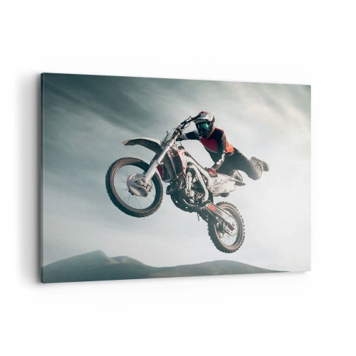 Bild auf Leinwand - Leinwandbild - Motorradfahrer in der Luft bei einem Sprung - 100x70cm - Kein Spaß ohne Risiko - Moderne Wanddekoration für Wohnzimmer und Schlafzimmer ARTTOR