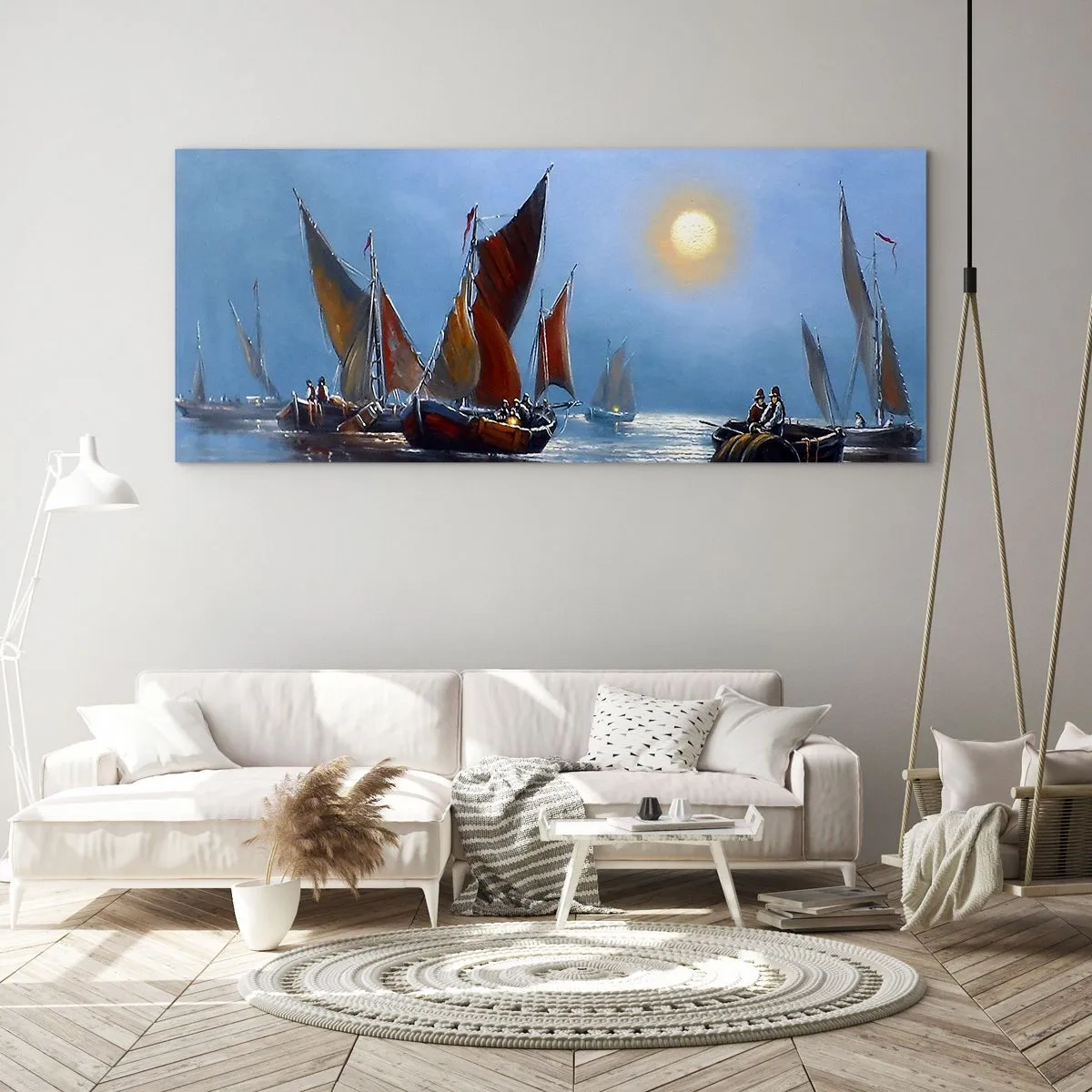 Glasbild - Bild auf glas - Boote mit Segeln auf ruhigem Wasser bei Sonnenuntergang - 120x50cm - Nachtfang - Moderne Wanddekoration für Wohnzimmer und Schlafzimmer ARTTOR