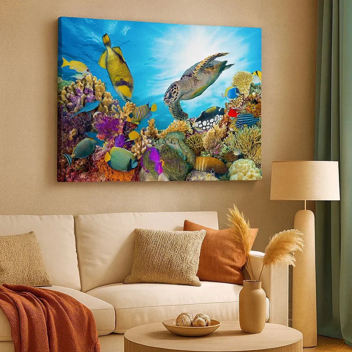 Bild auf Leinwand - Leinwandbild - Unterwasserwelt mit bunten Fischen und einer Schildkröte in den Korallen - 70x50cm - Korallenpromenade - Moderne Wanddekoration für Wohnzimmer und Schlafzimmer ARTTOR