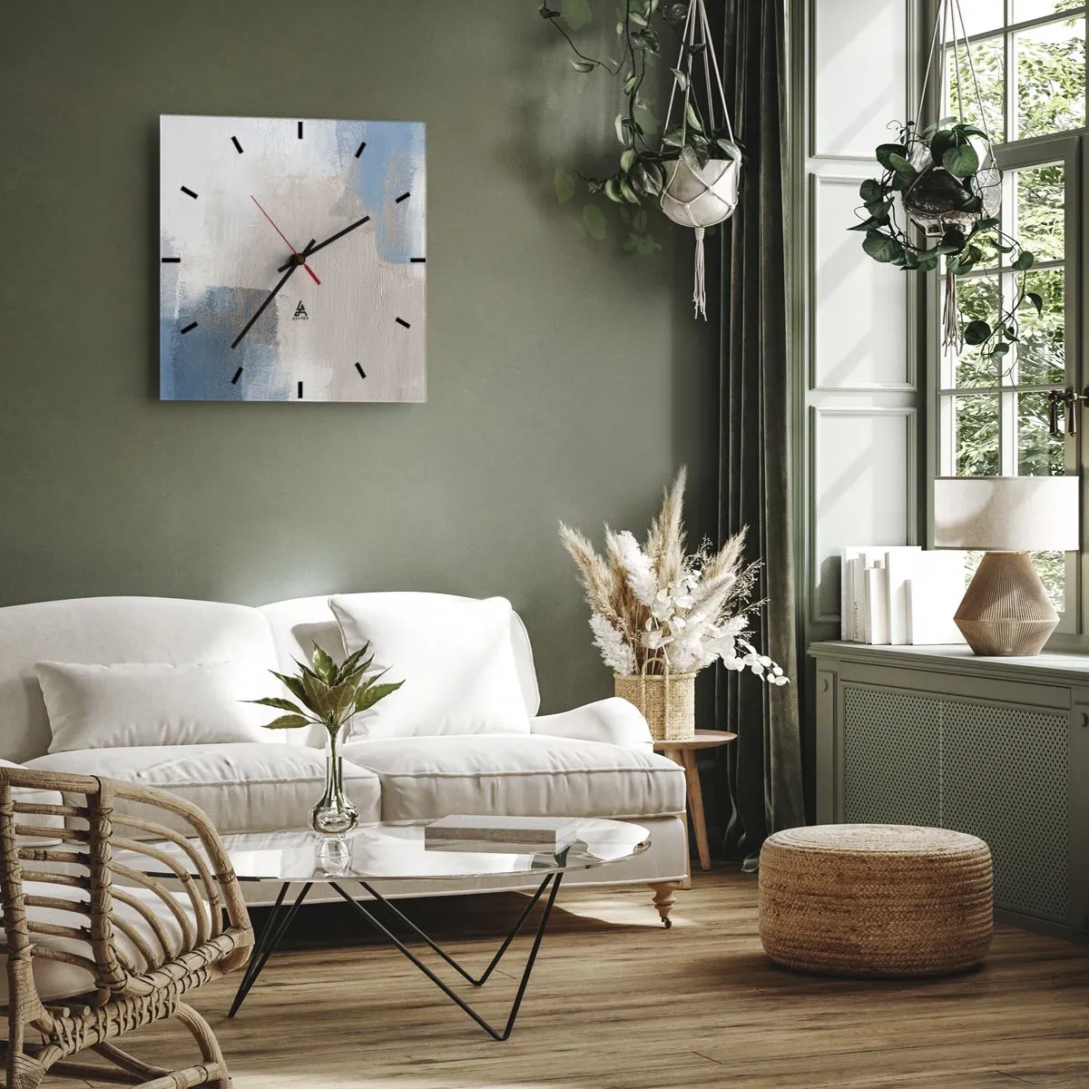 Wanduhr - Glasuhr - Abstrakte Formen in Blau- und Beigetönen - 30x30cm - Rosa Abstraktion hinter einem blauen Vorhang - Moderne Wanddekoration für Wohnzimmer und Schlafzimmer ARTTOR