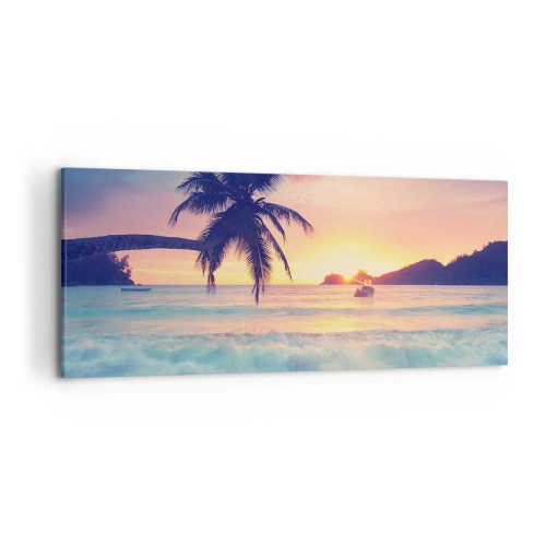 Bild auf Leinwand - Leinwandbild - Strand mit Palmen und Sonnenuntergang über dem Meer - 120x50cm - Ein Abend in der Bucht - Moderne Wanddekoration für Wohnzimmer und Schlafzimmer ARTTOR