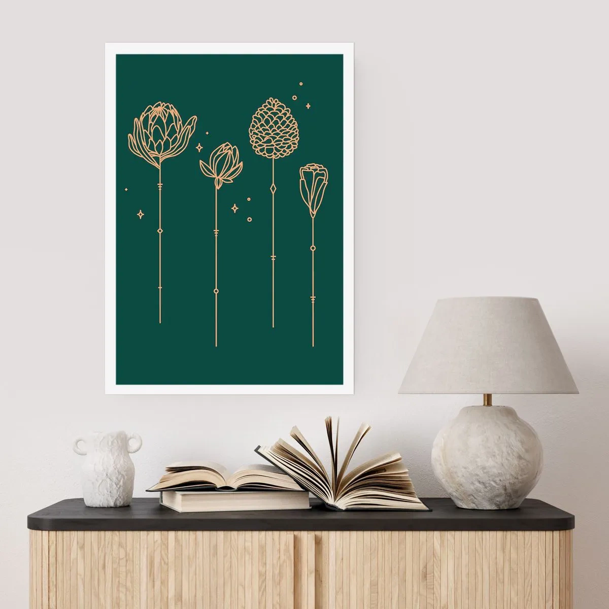 Poster - Goldene Umrisse von Blumen auf dunkelgrünem Hintergrund - 50x70cm - Familie ZIÓŁkowski - Moderne Wanddekoration für Wohnzimmer und Schlafzimmer ARTTOR